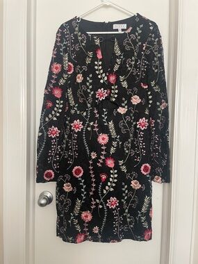 Siena Studio Black Long-Sleeve Floral Embroidered Dress